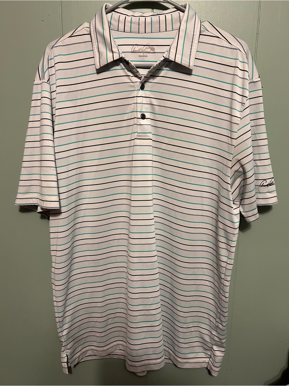 Arnold Palmer Men’s White Striped Polo with Teal and Black Accents